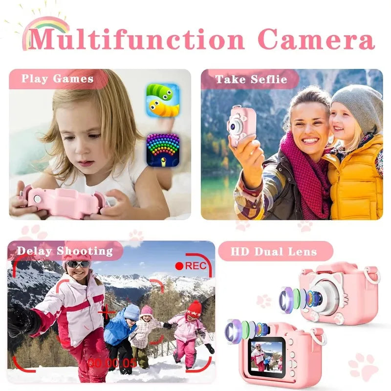 📸 Câmera Infantil Gato Fofo – Dupla Lente HD, Case de Silicone e Bateria Recarregável! 🐱🎥